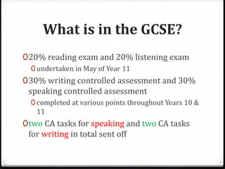 What is in the GCSE?
020% reading exam and 20% listening exam
0 undertaken in May of Year 11
030% writing controlled assessment and 30%
speaking controlled assessment
0 completed at various points throughout Years 10 &
11
0two CA tasks for speaking and two CA tasks
for writing in total sent off
 