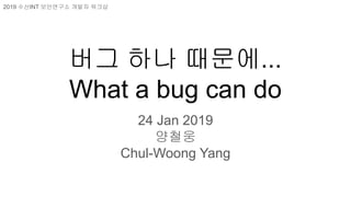 버그 하나 때문에...
What a bug can do
24 Jan 2019
양철웅
Chul-Woong Yang
2019 수산INT 보안연구소 개발자 워크샵
 