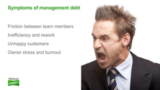 16
Friction between team members
Inefficiency and rework
Unhappy customers
Owner stress and burnout
Symptoms of management debt
 
