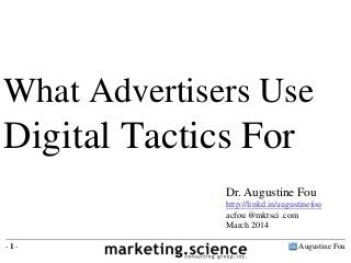 Augustine Fou- 1 -
What Advertisers Use
Digital Tactics For
Dr. Augustine Fou
http://linkd.in/augustinefou
acfou @mktsci .com
March 2014
 