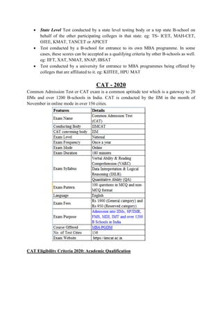  State Level Test conducted by a state level testing body or a top state B-school on
behalf of the other participating colleges in that state. eg: TS- ICET, MAH-CET,
OJEE, KMAT, TANCET or APICET
 Test conducted by a B-school for entrance to its own MBA programme. In some
cases, these scores can be accepted as a qualifying criteria by other B-schools as well.
eg: IIFT, XAT, NMAT, SNAP, IBSAT
 Test conducted by a university for entrance to MBA programmes being offered by
colleges that are affiliated to it. eg: KIITEE, HPU MAT
CAT - 2020
Common Admission Test or CAT exam is a common aptitude test which is a gateway to 20
IIMs and over 1200 B-schools in India. CAT is conducted by the IIM in the month of
November in online mode in over 156 cities.
CAT Eligibility Criteria 2020: Academic Qualification
 