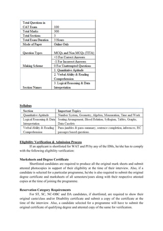 Syllabus
Eligibility Verification & Admission Process
If an applicant is shortlisted for WAT and PI by any of the IIMs, he/she has to comply
with the following eligibility verification:
Marksheets and Degree Certificate
Shortlisted candidates are required to produce all the original mark sheets and submit
attested photocopies in support of their eligibility at the time of their interview. Also, if a
candidate is selected for a particular programme, he/she is also required to submit the original
degree certificate and marksheets of all semesters/years along with their respective attested
copies at the time of joining the programme.
Reservation Category Requirements
For ST, SC, NC-OBC and DA candidates, if shortlisted, are required to show their
original caste/class and/or Disability certificate and submit a copy of the certificate at the
time of the interview. Also, a candidate selected for a programme will have to submit the
original certificate of qualifying degree and attested copy of the same for verification.
 