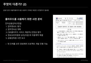 10
Copyright © 2022 WhaTap – Developed by WhaTap Labs Inc.
무엇이 다른가? (2)
금융기관이 퍼블릭클라우드를 사용하기 위해선 복잡한 사전절차가 필요함
클라우드를 사용하기 위한 사전 준비
전자금융감독규정법
1. 업무중요도 평가
2. 업무연속성 계획
3. CSP(클라우드 서비스 제공자) 안정성 평가
4. 정보보호위원회 심의/의결 후 이용계약 체결
5. 금융감독원 사전 보고
☞ 위 단계를 모두 완료해야 프로젝트 개발 진행 가능
 