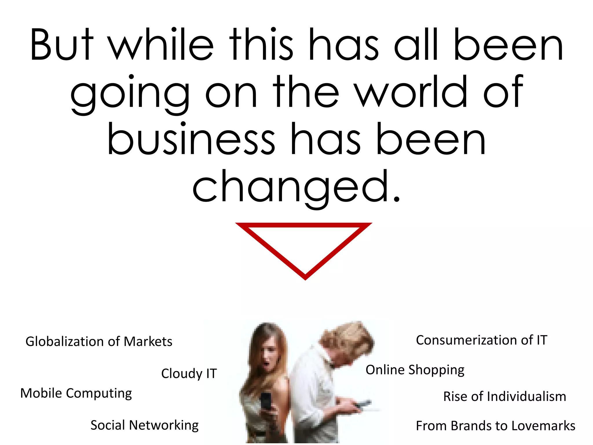 But while this has all been
going on the world of
business has been
changed.
Social Networking
Mobile Computing
Consumerization of IT
From Brands to Lovemarks
Online Shopping
Globalization of Markets
Cloudy IT
Rise of Individualism
 