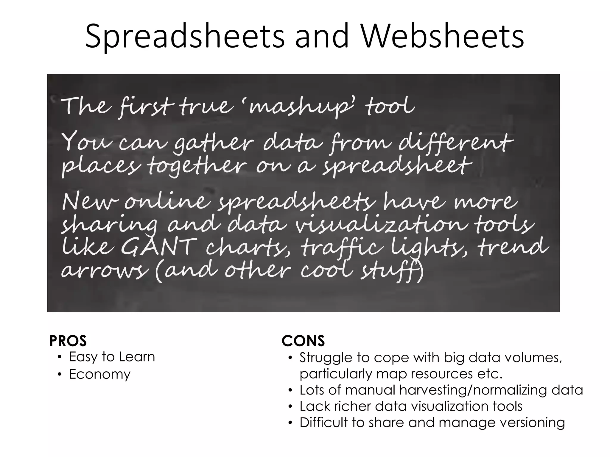Spreadsheets and Websheets
The first true ‘mashup’ tool
You can gather data from different
places together on a spreadsheet
New online spreadsheets have more
sharing and data visualization tools
like GANT charts, traffic lights, trend
arrows (and other cool stuff)
PROS CONS
• Easy to Learn
• Economy
• Struggle to cope with big data volumes,
particularly map resources etc.
• Lots of manual harvesting/normalizing data
• Lack richer data visualization tools
• Difficult to share and manage versioning
 