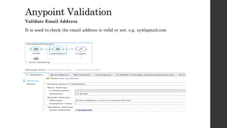 AnypointValidation
Validate EmailAddress
It is used to check the email address is valid or not. e.g. xyz@gmail.com
 