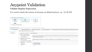AnypointValidation
Validate Regular Expression
It is used to check the content of message on defined pattern. e.g. ^[1-9]d*$
 