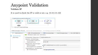 AnypointValidation
Validate IP
It is used to check the IP is valid or not. e.g. 10.10.131.122
 
