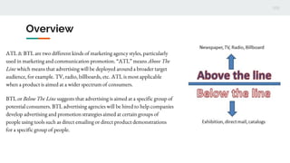 Overview
ATL & BTL are two different kinds of marketing agency styles, particularly
used in marketing and communication promotion. “ATL” means Above The
Line which means that advertising will be deployed around a broader target
audience, for example. TV, radio, billboards, etc. ATL is most applicable
when a product is aimed at a wider spectrum of consumers.
BTL or Below The Line suggests that advertising is aimed at a specific group of
potential consumers. BTL advertising agencies will be hired to help companies
develop advertising and promotion strategies aimed at certain groups of
people using tools such as direct emailing or direct product demonstrations
for a specific group of people.
 
