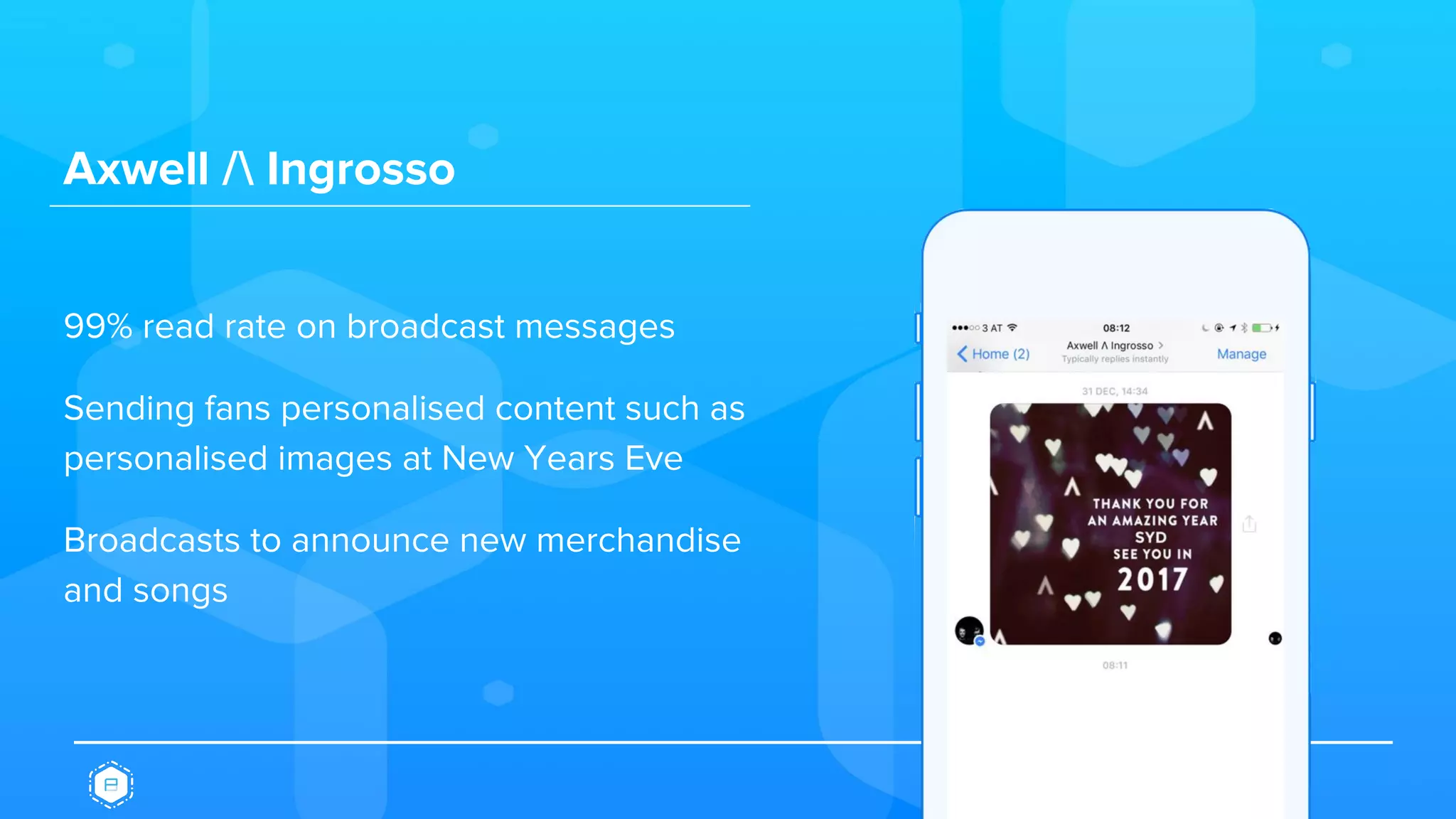 Axwell / Ingrosso
99% read rate on broadcast messages
Sending fans personalised content such as
personalised images at New Years Eve
Broadcasts to announce new merchandise
and songs
 