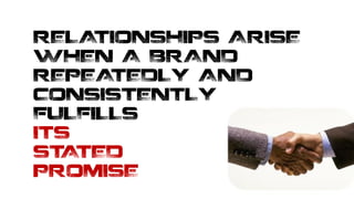 RELATIONSHIPS ARISE
WHEN A BRAND
REPEATEDLY AND
CONSISTENTLY
FULFILLS
ITS
STATED
PROMISE
 