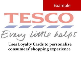 Example
Uses Loyalty Cards to personalize
consumers’ shopping experience
 