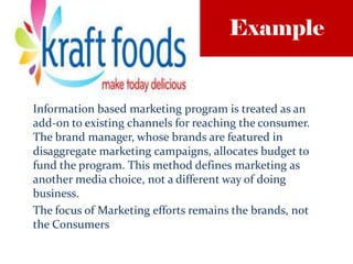 Example
Information based marketing program is treated as an
add-on to existing channels for reaching the consumer.
The brand manager, whose brands are featured in
disaggregate marketing campaigns, allocates budget to
fund the program. This method defines marketing as
another media choice, not a different way of doing
business.
The focus of Marketing efforts remains the brands, not
the Consumers
 