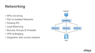 Networking

• APIs not wiring
• Flat vs Isolated Networks
• Floating IPs
• Load Balancing
• Security Groups & Firewalls
• VPN & Bridging
• Integration with current network
 