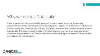Those organizations which successfully generates business values from their data usually
outperform their peers. These leaders can do new types of analytics like machine learning over new
sources like log files, data from click-streams, social media, and internet-connected devices stored in
the data lake. This thing helped them identify the fact that business may grow faster and attract
customers and also help to retain them. It also boosts productivity, proactively maintaining devices,
and making informed decisions.
Why we need a Data Lake
 