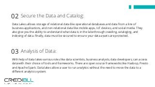 Data Lakes allows storage of relational data like operational databases and data from a line of
business applications, and non-relational data like mobile apps, IoT devices, and social media. They
also give you the ability to understand what data is in the lake through crawling, cataloging, and
indexing of data. Finally, data must be secured to ensure your data assets are protected.
Secure the Data and Catalog:02
With help of data lakes various roles like data scientists, business analysts, data developers, can access
data with their choice of tools and frameworks. There are open source frameworks like Hadoop, Presto
and Apache Spark. Data lakes allow a user to run analytics without the need to move the data to a
different analytics system.
Analysis of Data:03
 
