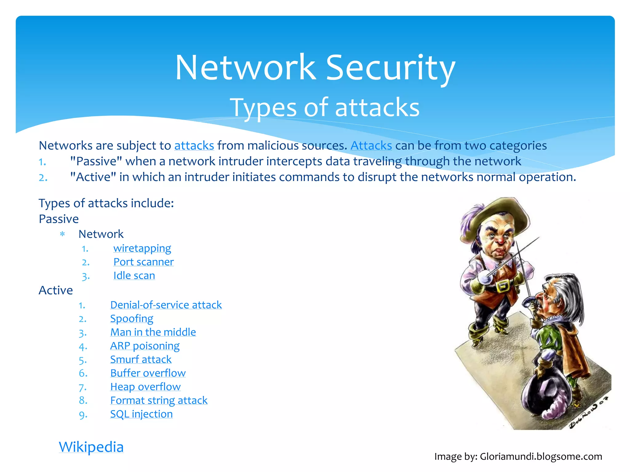 Network Security
                                         Types of attacks
Networks are subject to attacks from malicious sources. Attacks can be from two categories
1.  "Passive" when a network intruder intercepts data traveling through the network
2.  "Active" in which an intruder initiates commands to disrupt the networks normal operation.

Types of attacks include:
Passive
        Network
         1.   wiretapping
         2.   Port scanner
         3.   Idle scan
Active
         1.   Denial-of-service attack
         2.   Spoofing
         3.   Man in the middle
         4.   ARP poisoning
         5.   Smurf attack
         6.   Buffer overflow
         7.   Heap overflow
         8.   Format string attack
         9.   SQL injection


   Wikipedia
                                                                     Image by: Gloriamundi.blogsome.com
 