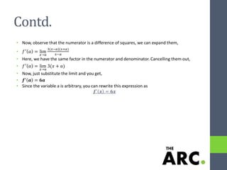 Contd.
• Now, observe that the numerator is a difference of squares, we can expand them,
• 𝑓′
𝑎 = lim
𝑥→𝑎
3(𝑥−𝑎)(𝑥+𝑎)
𝑥−𝑎
• Here, we have the same factor in the numerator and denominator. Cancelling them out,
• 𝑓′
𝑎 = lim
𝑥→𝑎
3(𝑥 + 𝑎)
• Now, just substitute the limit and you get,
• 𝒇′
𝒂 = 𝟔𝒂
• Since the variable a is arbitrary, you can rewrite this expression as
𝒇′
𝒙 = 𝟔𝒙
 
