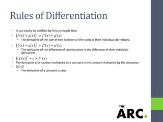 Rules of Differentiation
• It can easily be verified by first principle that
• 𝑓 𝑥 + 𝑔 𝑥
′
= 𝑓′
𝑥 + 𝑔′(𝑥)
• The derivative of the sum of two functions is the sums of their individual derivatives.
• 𝑓 𝑥 − 𝑔 𝑥
′
= 𝑓′
𝑥 − 𝑔′(𝑥)
• The derivative of the difference of two functions is the difference of their individual
derivatives.
• 𝑐𝑓 𝑥
′
= 𝑐 × 𝑓′
(𝑥)
• The derivative of a function multiplied by a constant is the constant multiplied by the derivative.
• (c)’=0
• The derivative of a constant is zero.
 