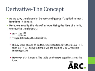 Derivative-The Concept
• As we saw, the slope can be very ambiguous if applied to most
functions in general.
• Here, we modify the idea of a slope. Using the idea of a limit,
we rewrite the slope as:
• 𝑚 = lim
∆𝑥→0
∆𝑦
∆𝑥
• This is defined as the derivative.
• It may seem absurd to do this, since intuition says that as ∆𝑥 → 0,
then ∆𝑦 → 0. This would imply we are dividing 0 by 0, which is
meaningless?!
• However, that is not so. The table on the next page illustrates the
idea.
 