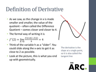 Definition of Derivative
• As we saw, as the change in x is made
smaller and smaller, the value of the
quotient – often called the Difference
Quotient – comes closer and closer to 4.
• The formal way of writing it is
• 𝑓′
2 = lim
ℎ→0
𝑓 2+ℎ −𝑓(2)
ℎ
= 4
• Think of the variable h as a “slider”. You
could slide along the x-axis to get it as
close to 2 as possible.
• Look at the picture, this is what you end
up with geometrically.
The derivative is the
slope at a single point,
so it is also called the
tangent line
 