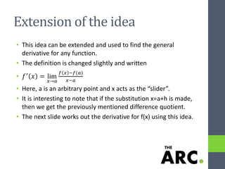 Extension of the idea
• This idea can be extended and used to find the general
derivative for any function.
• The definition is changed slightly and written
• 𝑓′ 𝑥 = lim
𝑥→𝑎
𝑓 𝑥 −𝑓(𝑎)
𝑥−𝑎
• Here, a is an arbitrary point and x acts as the “slider”.
• It is interesting to note that if the substitution x=a+h is made,
then we get the previously mentioned difference quotient.
• The next slide works out the derivative for f(x) using this idea.
 