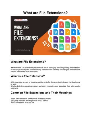 What are File Extensions?
What are File Extensions?
Introduction: File extensions play a crucial role in identifying and categorizing different types
of files on your computer. Understanding file extensions can help you navigate and work with
various file formats more effectively.
What is a File Extension?
A file extension is a set of characters at the end of a file name that indicates the file's format
or type.
It helps both the operating system and users recognize and associate files with specific
programs.
Common File Extensions and Their Meanings
.docx: A file extension for Microsoft Word documents.
.jpg/.jpeg: Indicates an image file in JPEG format.
.mp3: Represents an audio file.
 