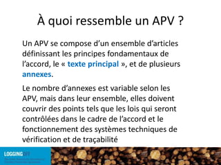 À quoi ressemble un APV ?Un APV se compose d’un ensemble d’articles définissant les principes fondamentaux de l’accord, le « texte principal », et de plusieurs annexes. Le nombre d’annexes est variable selon les APV, mais dans leur ensemble, elles doivent couvrir des points tels que les lois qui seront contrôlées dans le cadre de l’accord et le fonctionnement des systèmes techniques de vérification et de traçabilité
