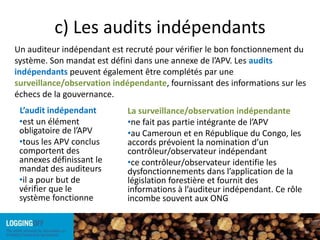 c) Les audits indépendantsUn auditeur indépendant est recruté pour vérifier le bon fonctionnement du système. Son mandat est défini dans une annexe de l’APV. Les audits indépendants peuvent également être complétés par une surveillance/observation indépendante, fournissant des informations sur les échecs de la gouvernance.L’audit indépendantest un élément obligatoire de l’APVtous les APV conclus comportent des annexes définissant le mandat des auditeursil a pour but de vérifier que le système fonctionneLa surveillance/observation indépendantene fait pas partie intégrante de l’APV au Cameroun et en République du Congo, les accords prévoient la nomination d’un contrôleur/observateur indépendantce contrôleur/observateur identifie les dysfonctionnements dans l’application de la législation forestière et fournit des informations à l’auditeur indépendant. Ce rôle incombe souvent aux ONG