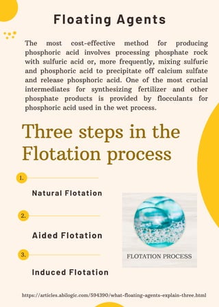 1.
2.
3.
Floating Agents
Natural Flotation
https://articles.abilogic.com/594390/what-floating-agents-explain-three.html
The most cost-effective method for producing
phosphoric acid involves processing phosphate rock
with sulfuric acid or, more frequently, mixing sulfuric
and phosphoric acid to precipitate off calcium sulfate
and release phosphoric acid. One of the most crucial
intermediates for synthesizing fertilizer and other
phosphate products is provided by flocculants for
phosphoric acid used in the wet process.
Three steps in the
Flotation process
Aided Flotation
Induced Flotation
 