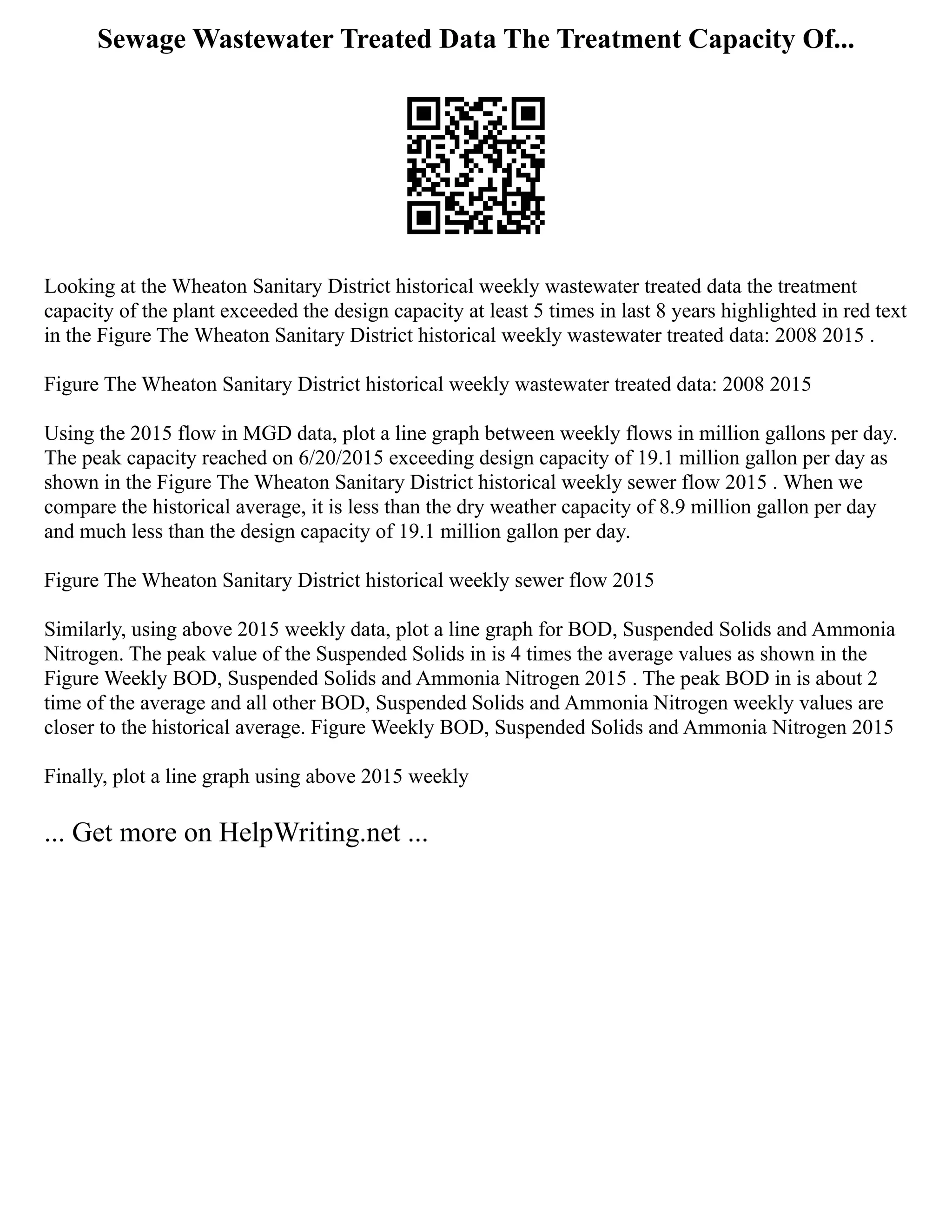 Sewage Wastewater Treated Data The Treatment Capacity Of...
Looking at the Wheaton Sanitary District historical weekly wastewater treated data the treatment
capacity of the plant exceeded the design capacity at least 5 times in last 8 years highlighted in red text
in the Figure The Wheaton Sanitary District historical weekly wastewater treated data: 2008 2015 .
Figure The Wheaton Sanitary District historical weekly wastewater treated data: 2008 2015
Using the 2015 flow in MGD data, plot a line graph between weekly flows in million gallons per day.
The peak capacity reached on 6/20/2015 exceeding design capacity of 19.1 million gallon per day as
shown in the Figure The Wheaton Sanitary District historical weekly sewer flow 2015 . When we
compare the historical average, it is less than the dry weather capacity of 8.9 million gallon per day
and much less than the design capacity of 19.1 million gallon per day.
Figure The Wheaton Sanitary District historical weekly sewer flow 2015
Similarly, using above 2015 weekly data, plot a line graph for BOD, Suspended Solids and Ammonia
Nitrogen. The peak value of the Suspended Solids in is 4 times the average values as shown in the
Figure Weekly BOD, Suspended Solids and Ammonia Nitrogen 2015 . The peak BOD in is about 2
time of the average and all other BOD, Suspended Solids and Ammonia Nitrogen weekly values are
closer to the historical average. Figure Weekly BOD, Suspended Solids and Ammonia Nitrogen 2015
Finally, plot a line graph using above 2015 weekly
... Get more on HelpWriting.net ...
 