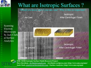 What are Isotropic Surfaces ?
Would you know one if you saw one? Why is this so important?
SME MMR Isotropic Surface Finish Research Project:
Dave Davidson, dryfinish@gmail.com | dryfinish.wordpress.com | http://www.sme.org/mmr/
Jack Clark, jclark@surfaceanalytics.com | Surface Analytics | http://www.sme.org/mmr
Isotropic
Isotropic
Scanning
Electron
Microscopy
by Jack Clark
at Surface
Analytics
 