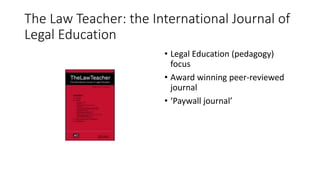 The Law Teacher: the International Journal of
Legal Education
• Legal Education (pedagogy)
focus
• Award winning peer-reviewed
journal
• ‘Paywall journal’
 