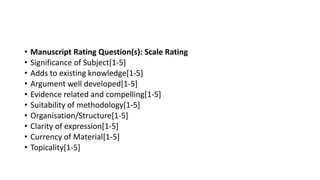 • Manuscript Rating Question(s): Scale Rating
• Significance of Subject[1-5]
• Adds to existing knowledge[1-5]
• Argument well developed[1-5]
• Evidence related and compelling[1-5]
• Suitability of methodology[1-5]
• Organisation/Structure[1-5]
• Clarity of expression[1-5]
• Currency of Material[1-5]
• Topicality[1-5]
 