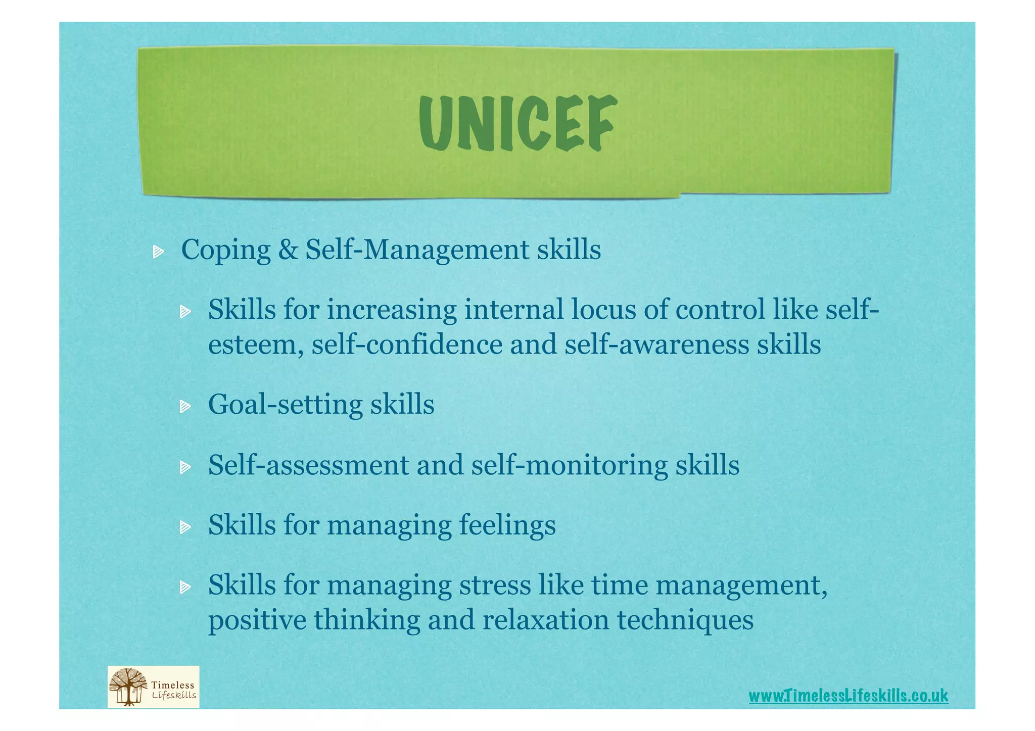 UNICEF

    Coping & Self-Management skills

     
    Skills for increasing internal locus of control like self-
          esteem, self-confidence and self-awareness skills

     
    Goal-setting skills

     
    Self-assessment and self-monitoring skills

     
    Skills for managing feelings

     
    Skills for managing stress like time management,
          positive thinking and relaxation techniques

                                                        www.T imelessLifeskills.co.uk
 