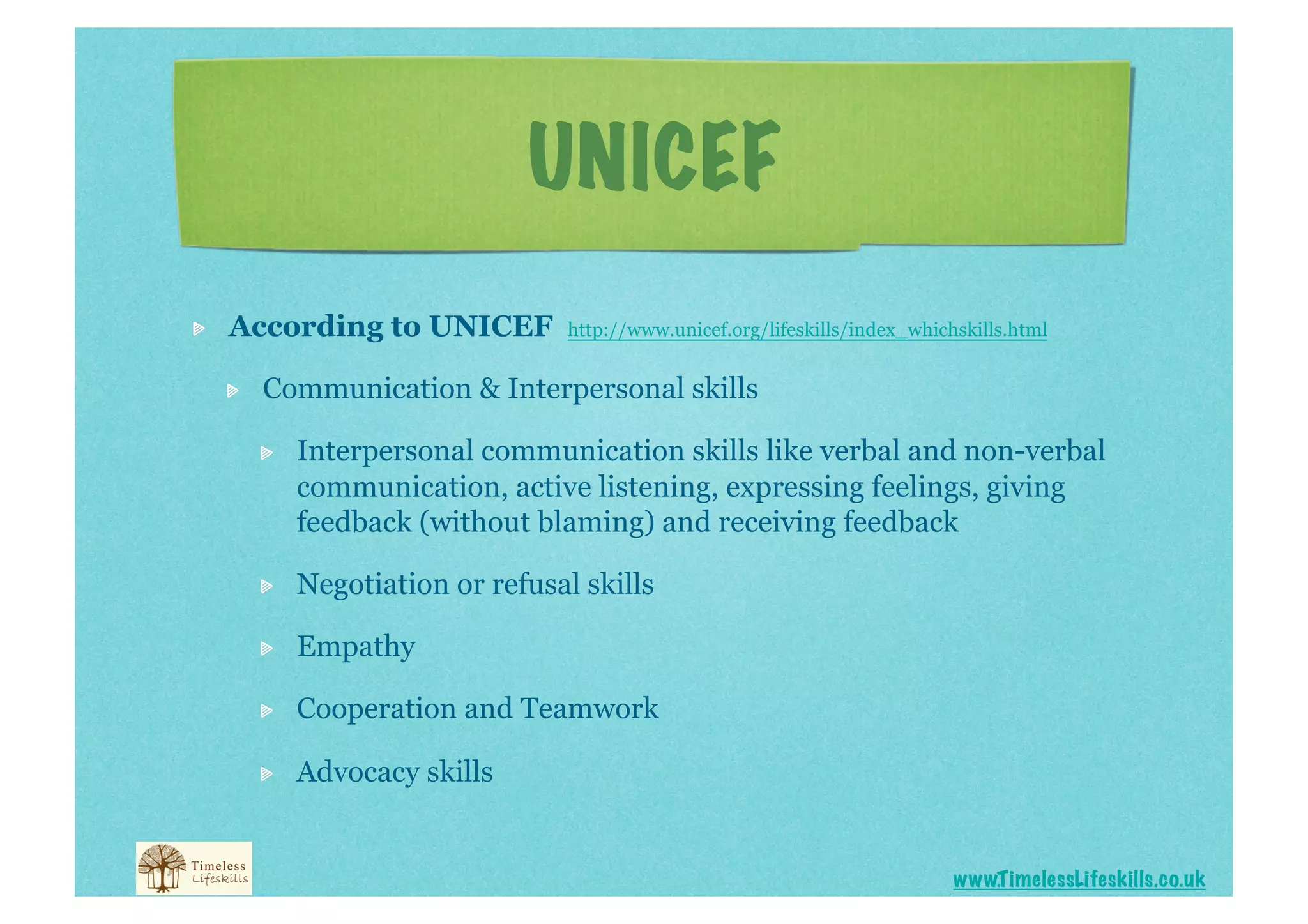 UNICEF

    According to UNICEF            http://www.unicef.org/lifeskills/index_whichskills.html


     
    Communication & Interpersonal skills

          
    Interpersonal communication skills like verbal and non-verbal
               communication, active listening, expressing feelings, giving
               feedback (without blaming) and receiving feedback

          
    Negotiation or refusal skills

          
    Empathy

          
    Cooperation and Teamwork

          
    Advocacy skills


                                                                                www.T imelessLifeskills.co.uk
 