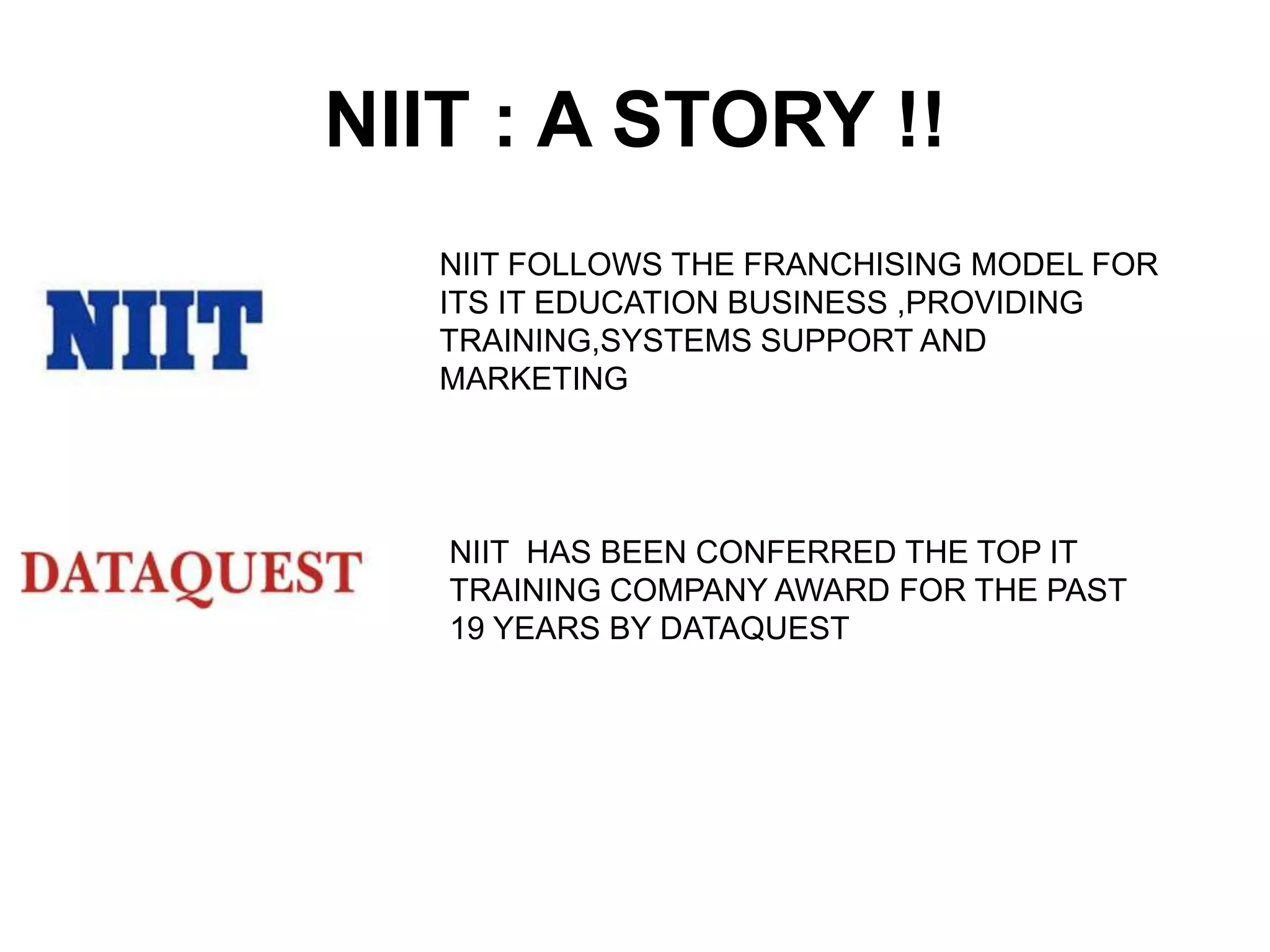 NIIT : A STORY !!
NIIT FOLLOWS THE FRANCHISING MODEL FOR
ITS IT EDUCATION BUSINESS ,PROVIDING
TRAINING,SYSTEMS SUPPORT AND
MARKETING
NIIT HAS BEEN CONFERRED THE TOP IT
TRAINING COMPANY AWARD FOR THE PAST
19 YEARS BY DATAQUEST
 