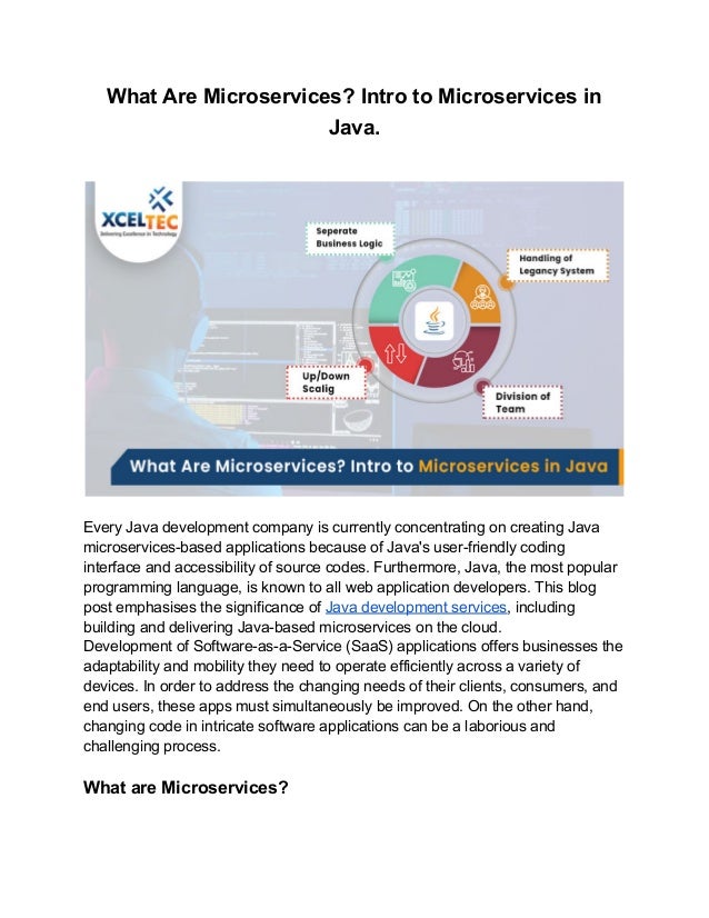 What Are Microservices? Intro to Microservices in
Java.
Every Java development company is currently concentrating on creating Java
microservices-based applications because of Java's user-friendly coding
interface and accessibility of source codes. Furthermore, Java, the most popular
programming language, is known to all web application developers. This blog
post emphasises the significance of Java development services, including
building and delivering Java-based microservices on the cloud.
Development of Software-as-a-Service (SaaS) applications offers businesses the
adaptability and mobility they need to operate efficiently across a variety of
devices. In order to address the changing needs of their clients, consumers, and
end users, these apps must simultaneously be improved. On the other hand,
changing code in intricate software applications can be a laborious and
challenging process.
What are Microservices?
 