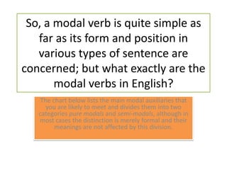 So, a modal verb is quite simple as far as its form and position in various types of sentence are concerned; but what exactly are the modal verbs in English? The chart below lists the main modal auxiliaries that you are likely to meet and divides them into two categories pure modals and semi-modals, although in most cases the distinction is merely formal and their meanings are not affected by this division.