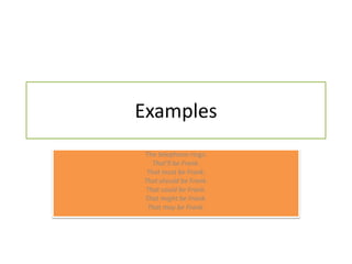 ExamplesThetelephonerings: That'llbe Frank. Thatmustbe Frank. Thatshouldbe Frank. Thatcouldbe Frank. Thatmightbe Frank. Thatmaybe Frank.