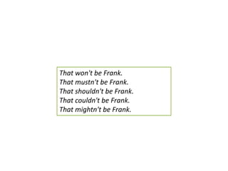 Thatwon'tbe Frank.Thatmustn'tbe Frank.Thatshouldn'tbe Frank.Thatcouldn'tbe Frank.Thatmightn'tbe Frank.
