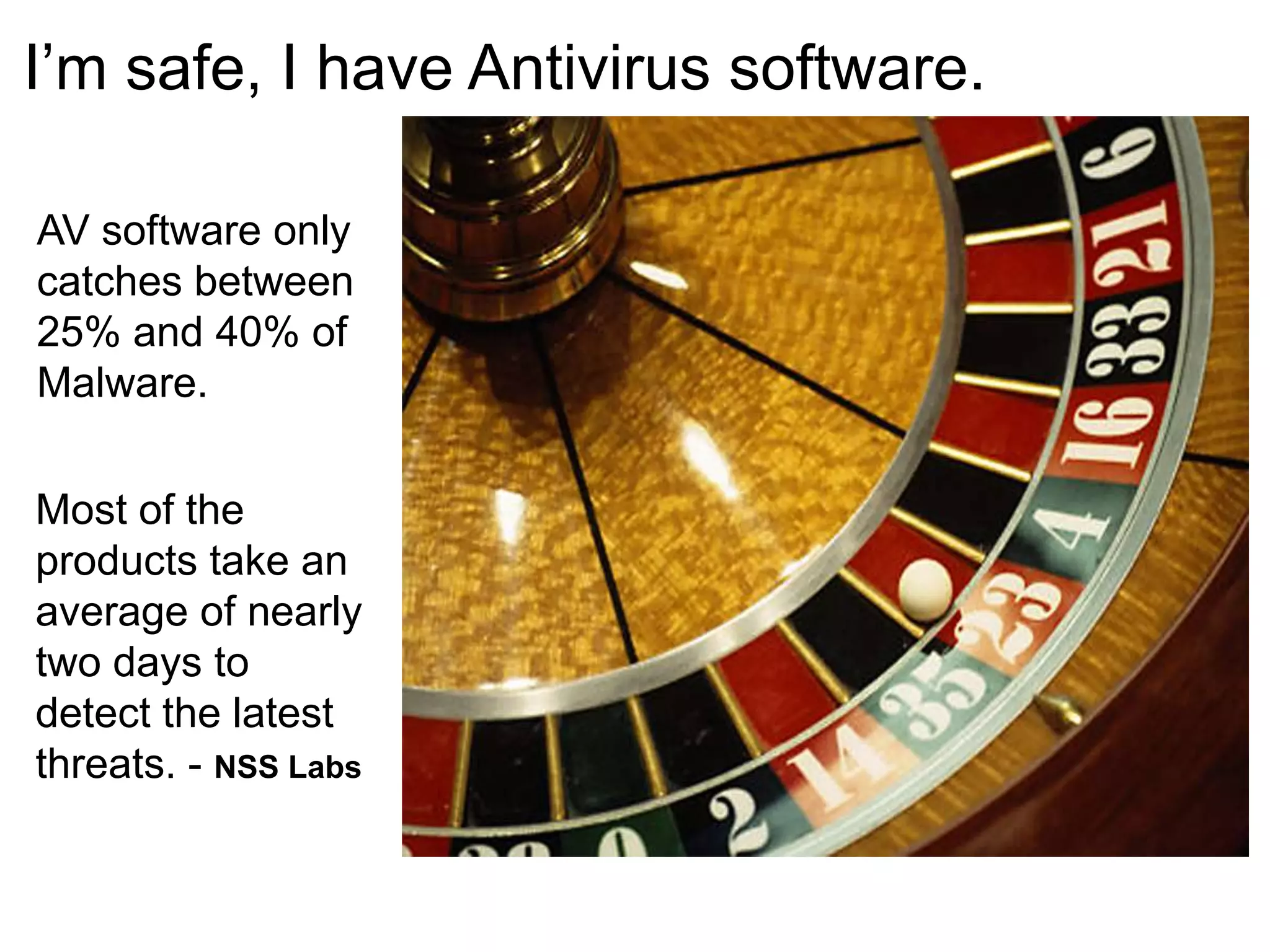 I’m safe, I have Antivirus software.AV software only catches between 25% and 40% of Malware.Most of the products take an average of nearly two days to detect the latest threats. - NSS Labs