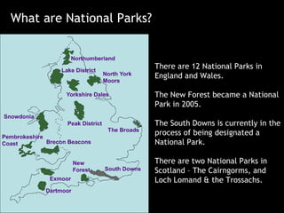 What are National Parks? There are 12 National Parks in England and Wales. The New Forest became a National Park in 2005. The South Downs is currently in the process of being designated a National Park.  There are two National Parks in Scotland – The Cairngorms, and Loch Lomand & the Trossachs. 