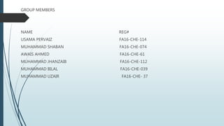 GROUP MEMBERS
NAME REG#
USAMA PERVAIZ FA16-CHE-114
MUHAMMAD SHABAN FA16-CHE-074
AWAIS AHMED FA16-CHE-61
MUHAMMAD JHANZAIB FA16-CHE-112
MUHAMMAD BILAL FA16-CHE-039
MUHAMMAD UZAIR FA16-CHE- 37
 