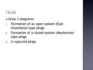  Draw 3 diagrams:
1. Formation of an open-system (East
Greenland) type pingo
2. Formation of a closed-system (Mackenzie)
type pingo
3. A ruptured pingo
 