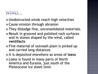  Unobstructed winds reach high velocities
 Cause erosion through abrasion
 They dislodge fine, unconsolidated materials.
 Result in grooved and polished rock surfaces
and in stones shaped by the wind, called
ventifacts
 Fine material of outwash plain is picked up
and carried long distances
 It is deposited elsewhere as areas of loess
 Loess is found in many parts of North
America and Eurasia, just south of the
Pleistocene ice sheet limit
 