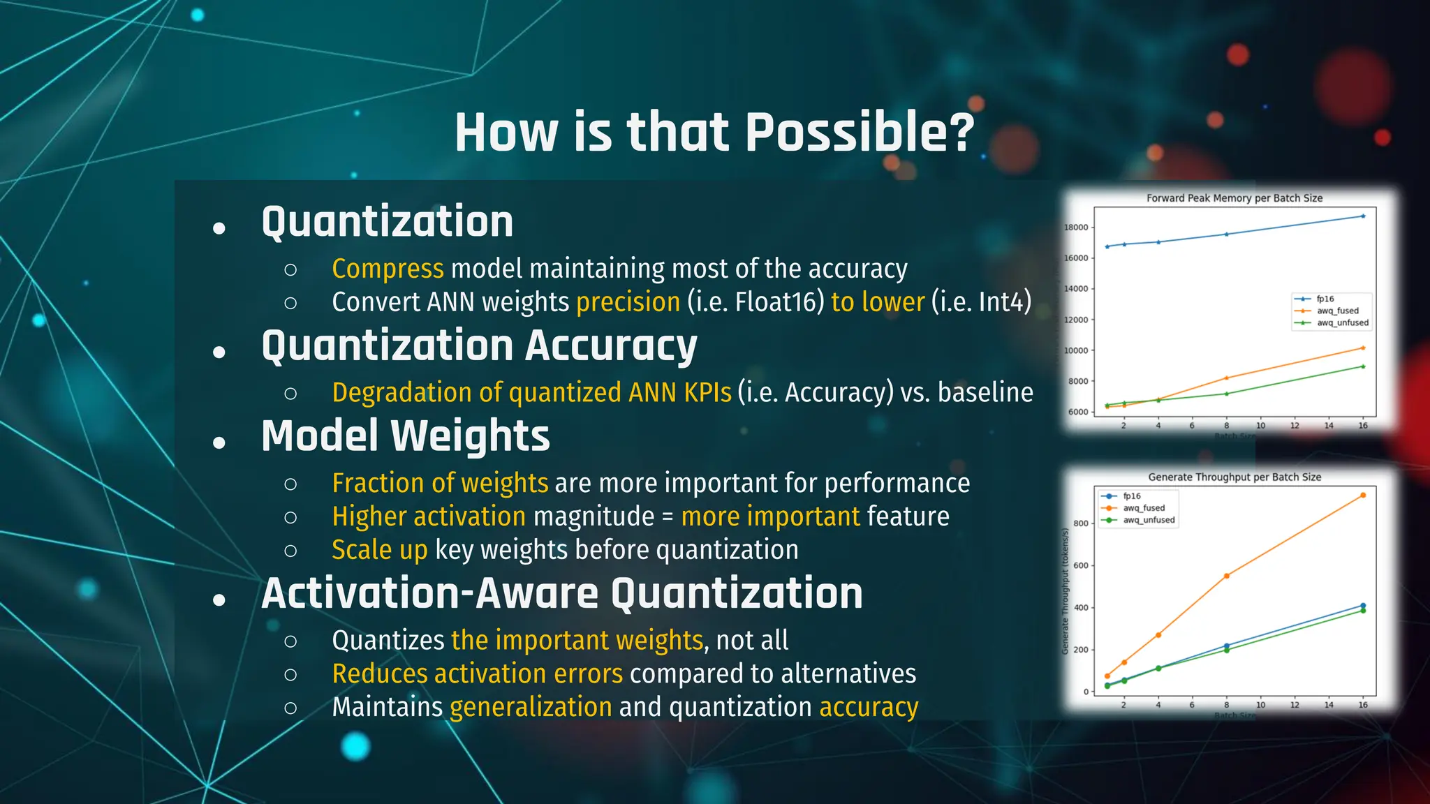 How is that Possible?
● Quantization
○ Compress model maintaining most of the accuracy
○ Convert ANN weights precision (i.e. Float16) to lower (i.e. Int4)
● Quantization Accuracy
○ Degradation of quantized ANN KPIs (i.e. Accuracy) vs. baseline
● Model Weights
○ Fraction of weights are more important for performance
○ Higher activation magnitude = more important feature
○ Scale up key weights before quantization
● Activation-Aware Quantization
○ Quantizes the important weights, not all
○ Reduces activation errors compared to alternatives
○ Maintains generalization and quantization accuracy
 