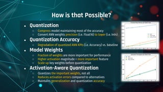 How is that Possible?
● Quantization
○ Compress model maintaining most of the accuracy
○ Convert ANN weights precision (i.e. Float16) to lower (i.e. Int4)
● Quantization Accuracy
○ Degradation of quantized ANN KPIs (i.e. Accuracy) vs. baseline
● Model Weights
○ Fraction of weights are more important for performance
○ Higher activation magnitude = more important feature
○ Scale up key weights before quantization
● Activation-Aware Quantization
○ Quantizes the important weights, not all
○ Reduces activation errors compared to alternatives
○ Maintains generalization and quantization accuracy
 