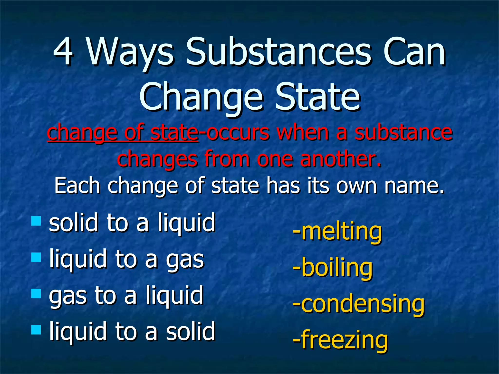 4 Ways Substances Can Change State change of state -occurs when a substance changes from one another. Each change of state has its own name. solid to a liquid  liquid to a gas gas to a liquid liquid to a solid -melting -boiling -condensing -freezing 