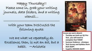 Happy Thursday!!
Please come in, grab your writing
journals, data folders, and a writing
utensil…
---------------------------------------------
With your team DISCUSS the
following quote:
We are what we repeatedly do.
Excellence, then, is not an act, but a
habit. ~Aristotle
Incase you were absent:
• Tuesday we took our Q1 Pre-
Test…you will need to
complete that TODAY
• Summer Evidence - eCampus
• Tech Survey and Syllabus form
DUE ASAP!
• Supplies NEEDED ASAP!
 